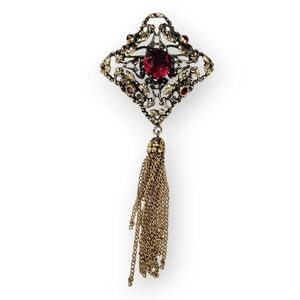 Austria Rhinestone Floral Brooch Vtg Art Nouveau Faux Garnet Brass Massive 4.25"